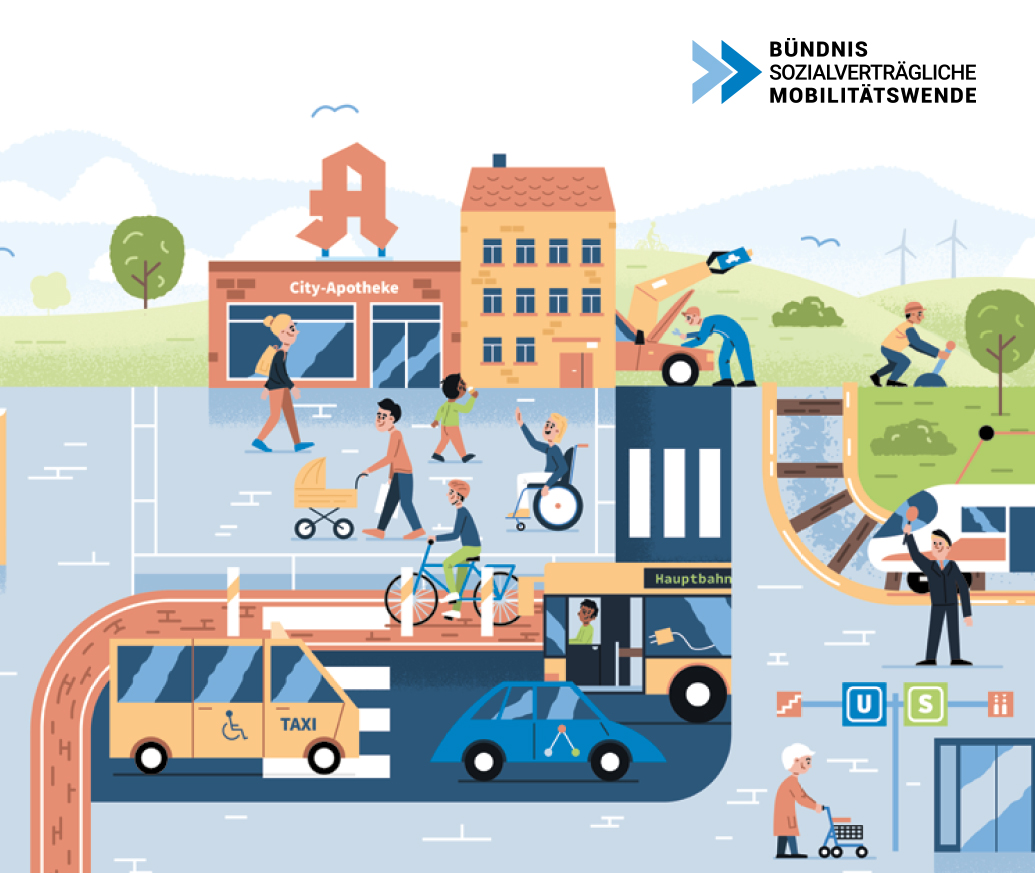 Cover der Broschüre Bündnsis Sozialverträgliche Mobilitätswende / Comcihafte Darstellung einer Stadt mit umweltfreundlicher Fortbewegung
